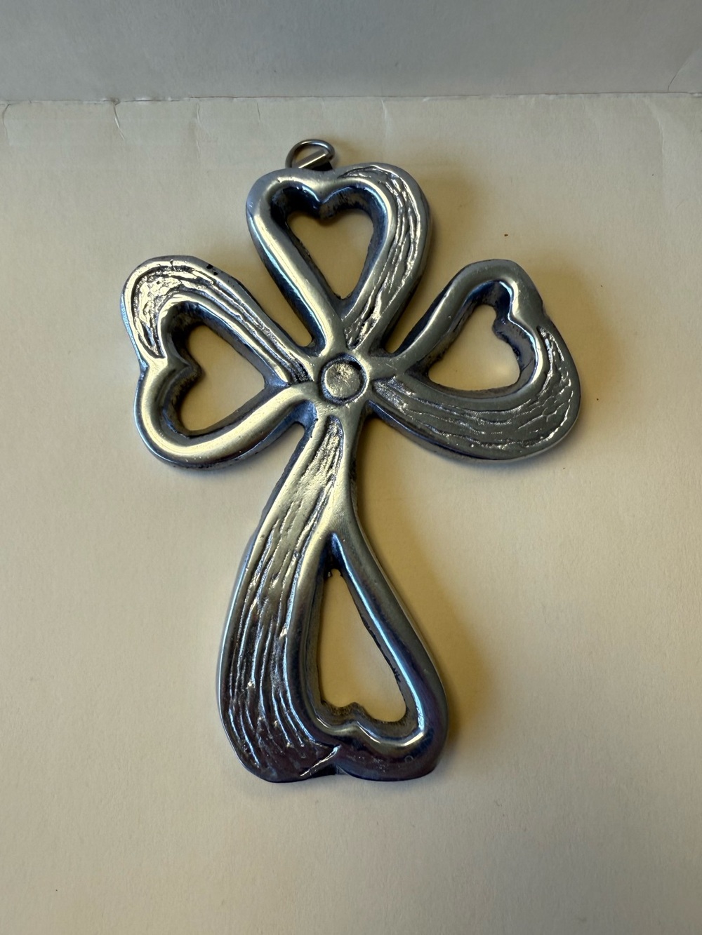 Metal Silver Toned Heart Clover Cross Crucifix Wall Hanging.